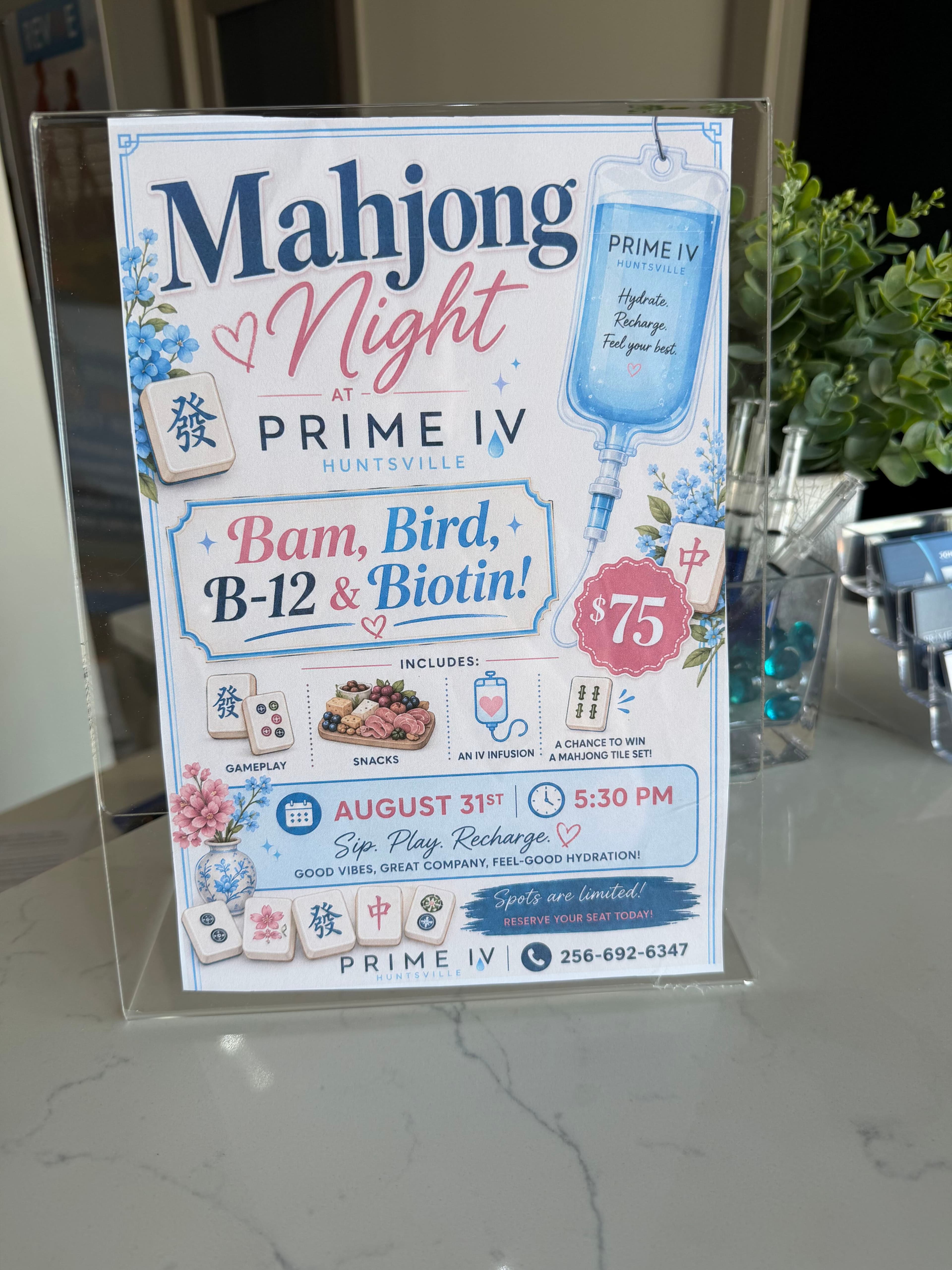 Mahjong Night at Prime IV Huntsville event flyer — Bam, Bird, B-12 & Biotin, $75, August 31st at 5:30 PM